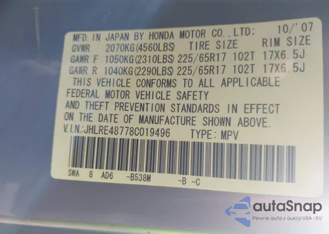 2008 Honda Cr-V Ex-L from USA, damaged, VIN JHLRE48778C019496